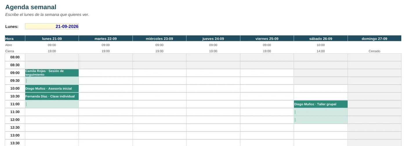 Agenda semanal con reservas por bloque horario y días sin atención en gris