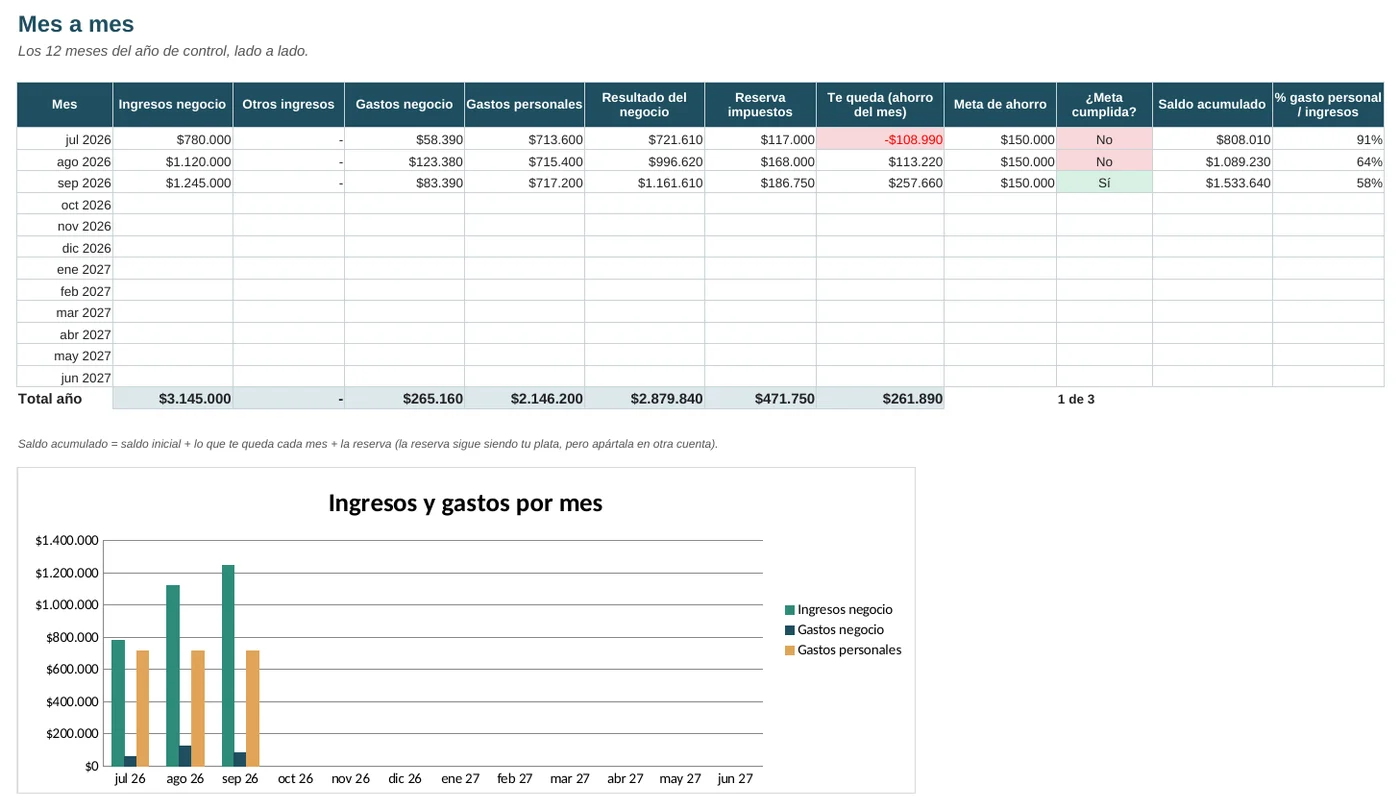 Control mensual de ingresos y gastos con reserva para impuestos, meta de ahorro y gráfico